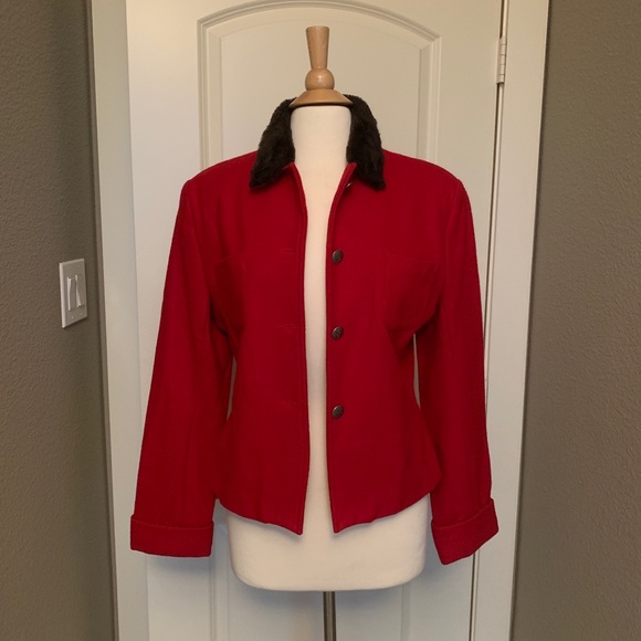 British Khaki red wool jacket with faux fur collar - Picture 1 of 6